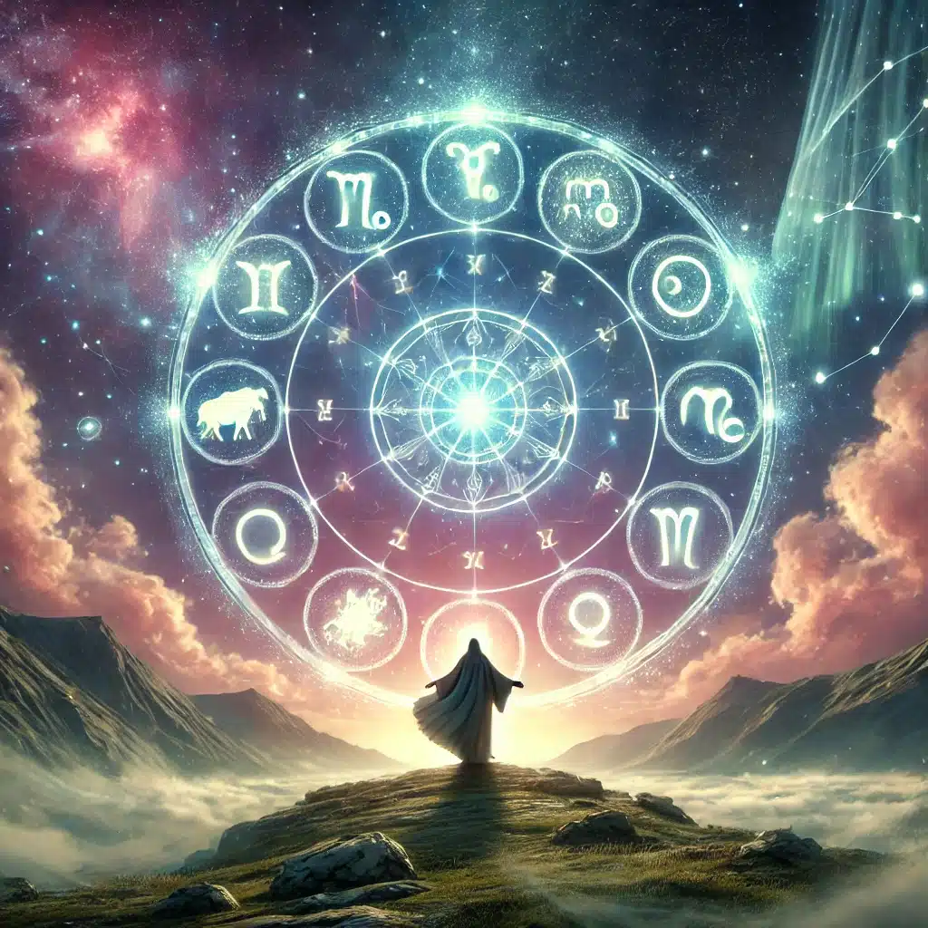 Rueda celeste del zodiaco occidental con los doce signos iluminados sobre un cielo estrellado, escena mística e inspiradora.