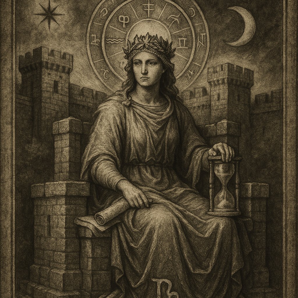 Mujer medieval con corona de laurel en trono de piedra dentro de fortaleza - Imum Coeli en Capricornio