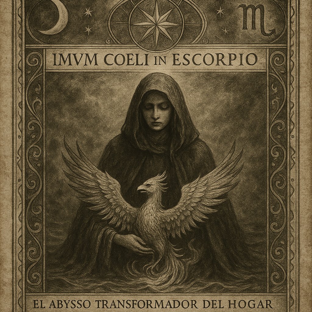 Mujer medieval emergiendo de aguas profundas con fénix dorado - Imum Coeli en Escorpio