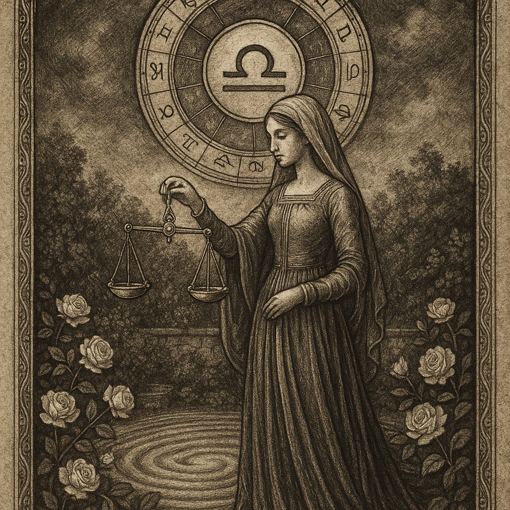 Mujer medieval con balanza dorada en jardín zen - Imum Coeli en Libra