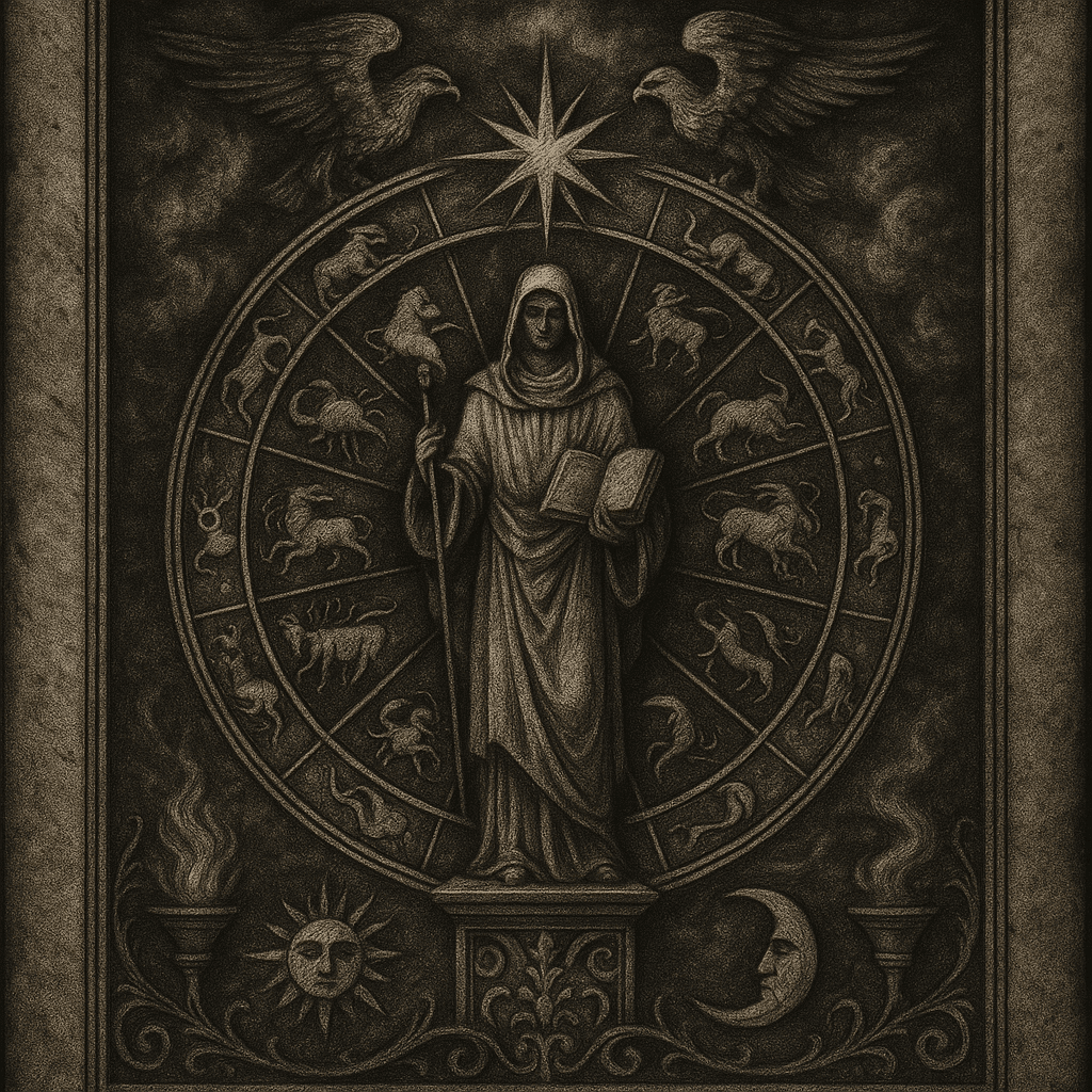 Ilustración medieval oscura sobre la interpretación tradicional de cartas natales