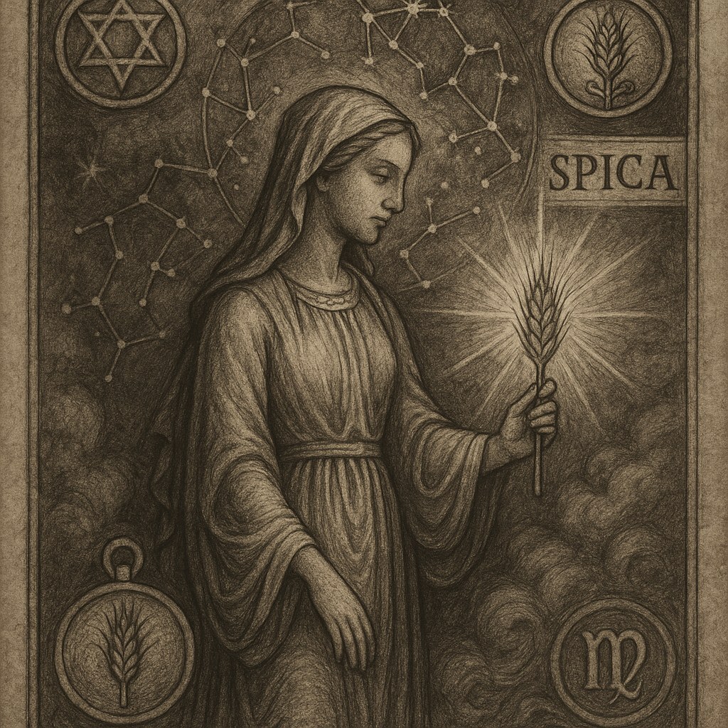 Virgo medieval sosteniendo una espiga luminosa sobre un cielo con constelaciones